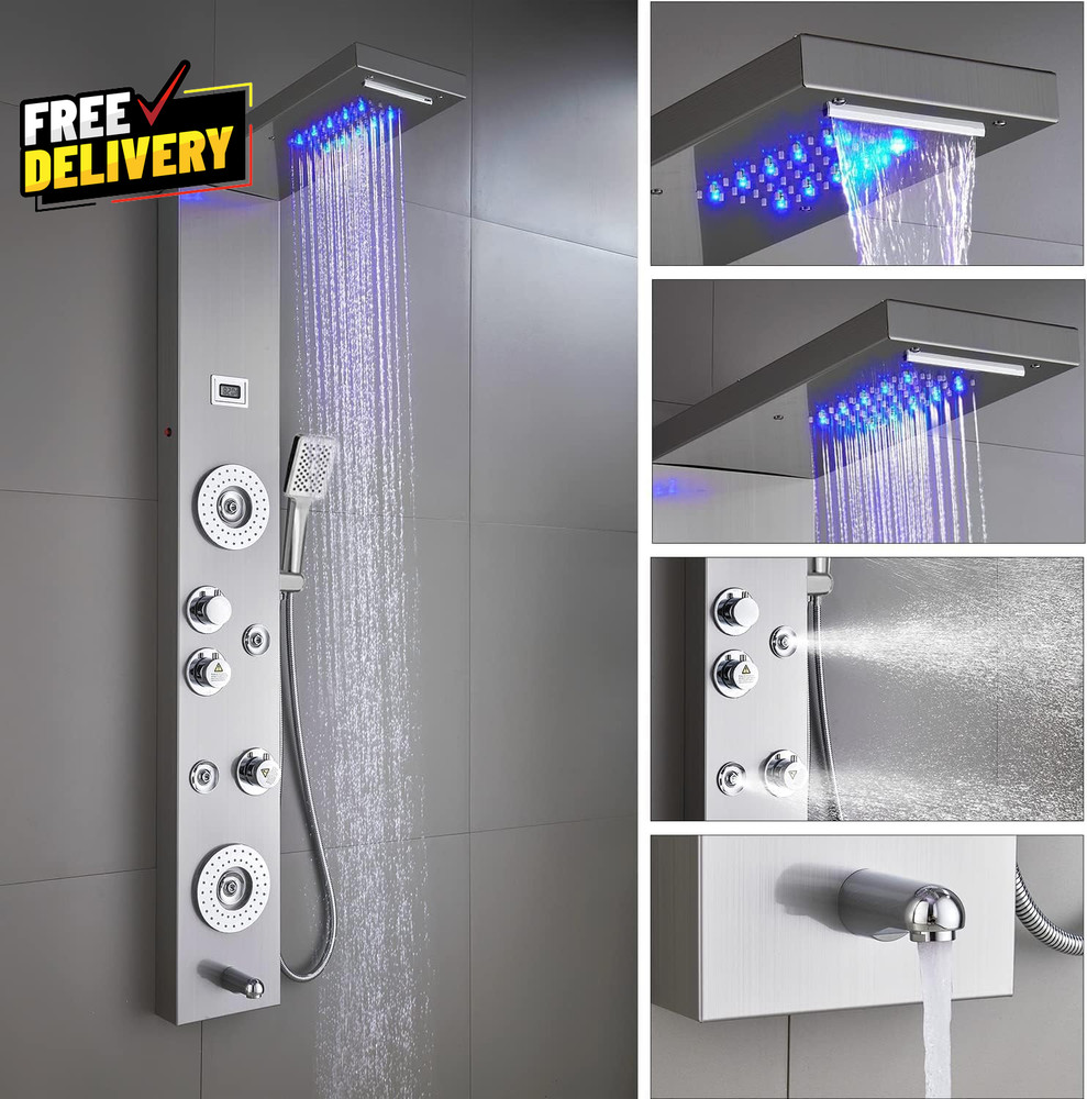 Stainless Steel Shower Panel Tower LED Rainfall Waterfall 6-Function