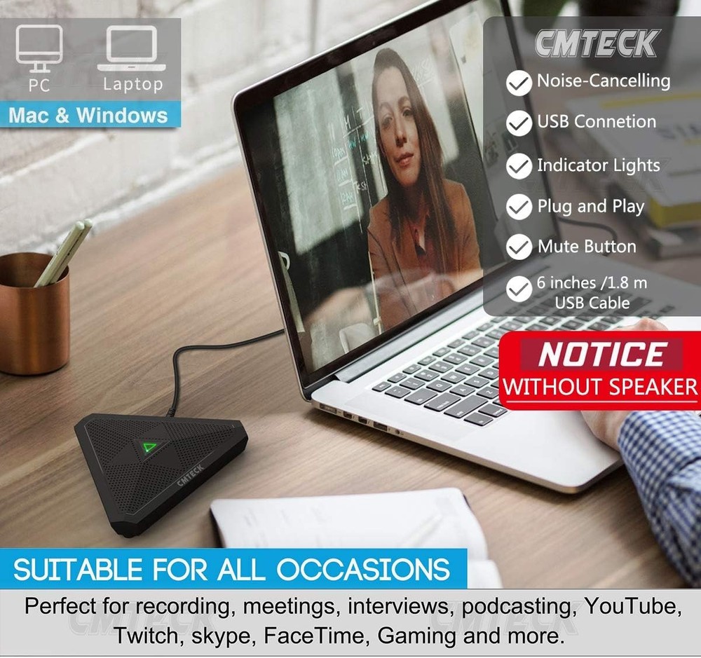 Conference USB Microphone w/ Mute, Omnidirectional Condenser Mic for PC