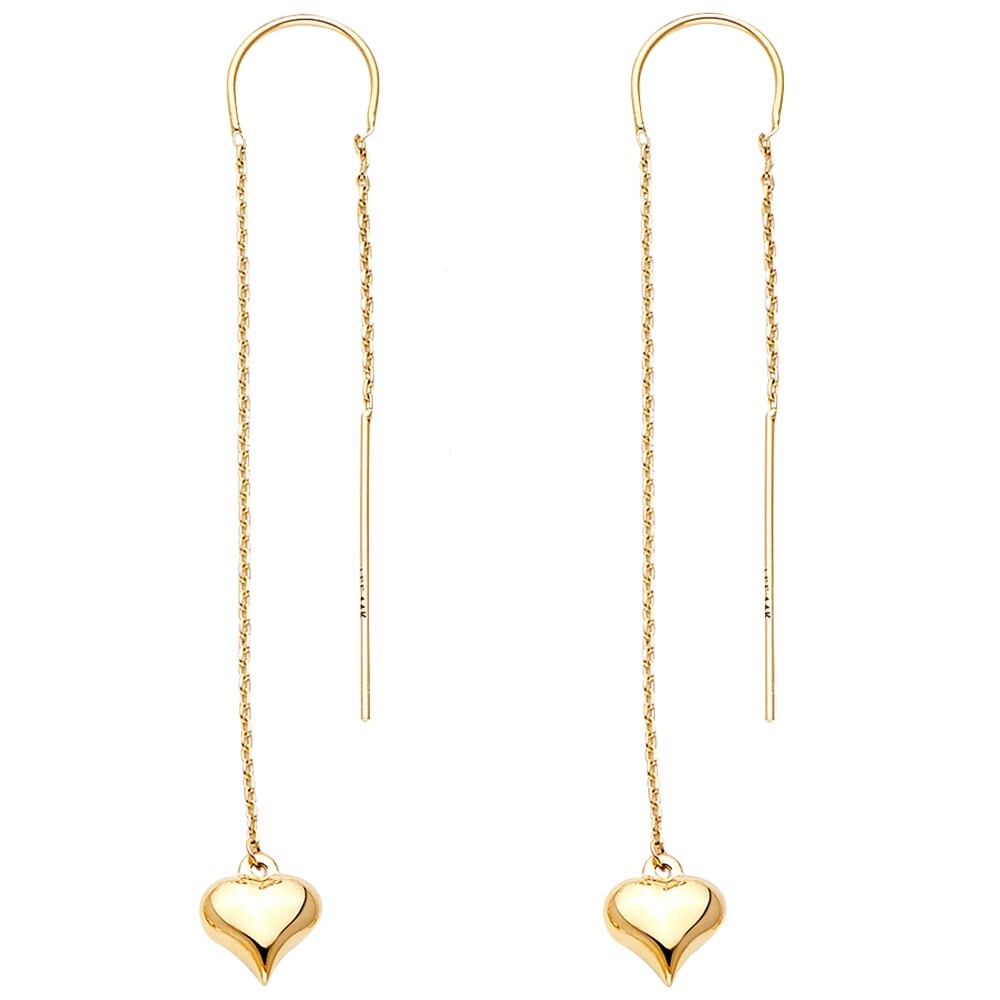 14K Solid Yellow Gold Heart Earrings -  2.7"  Cable Chain Threader - ER1727