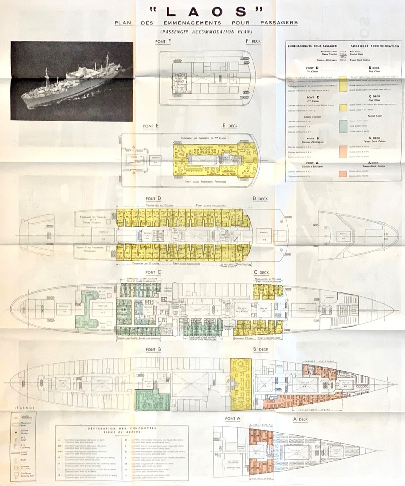 Messageries Maritimes LAOS Color-Coded Deck Plan w/ Large Interior Photos