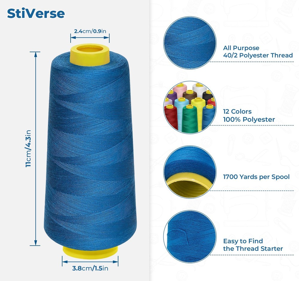 12-Pack 1800 Yards Serger Thread Cones 40s/2 Polyester for Overlock Sew