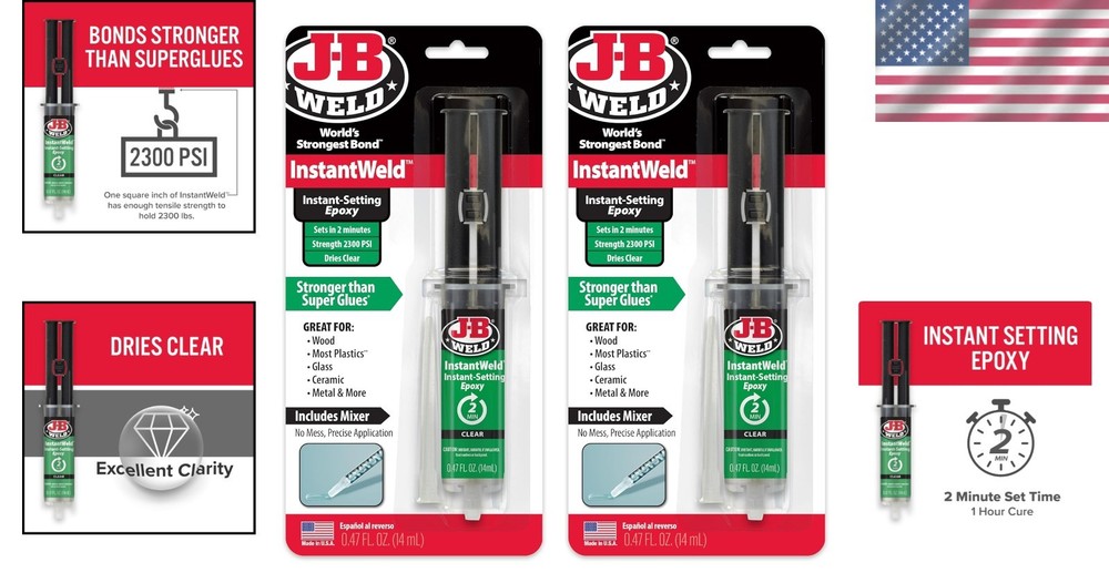 InstantWeld 2 Pack - 14ml Clear Epoxy, 2 Min Set with Static Mixer for Precision