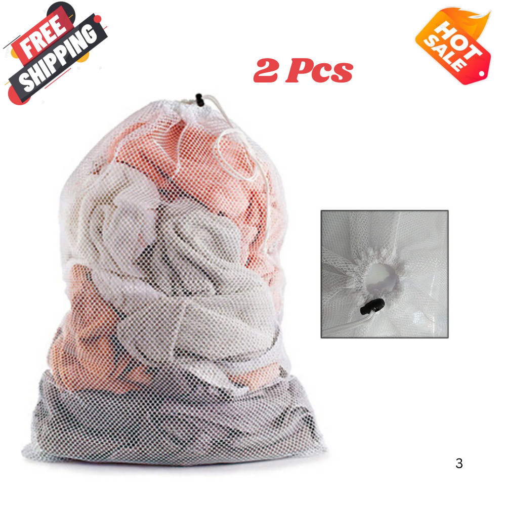 2Pcs Heavy Duty Laundry Bag Large Mesh Wash Clothes With Drawstring Top Closure
