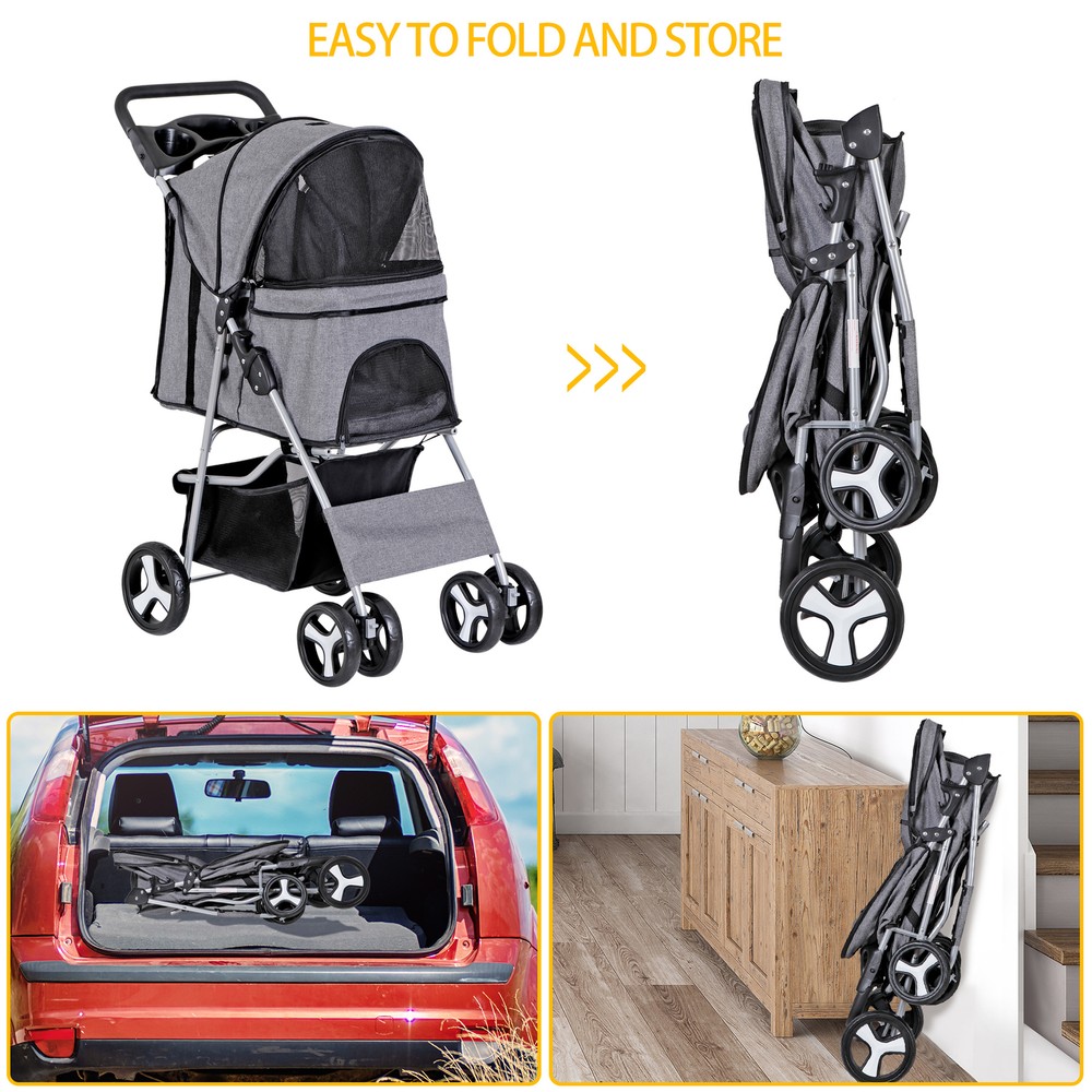 Foldable Pet Stroller 4 Wheels Dog Stroller with Storage Basket Cup Holder Gray