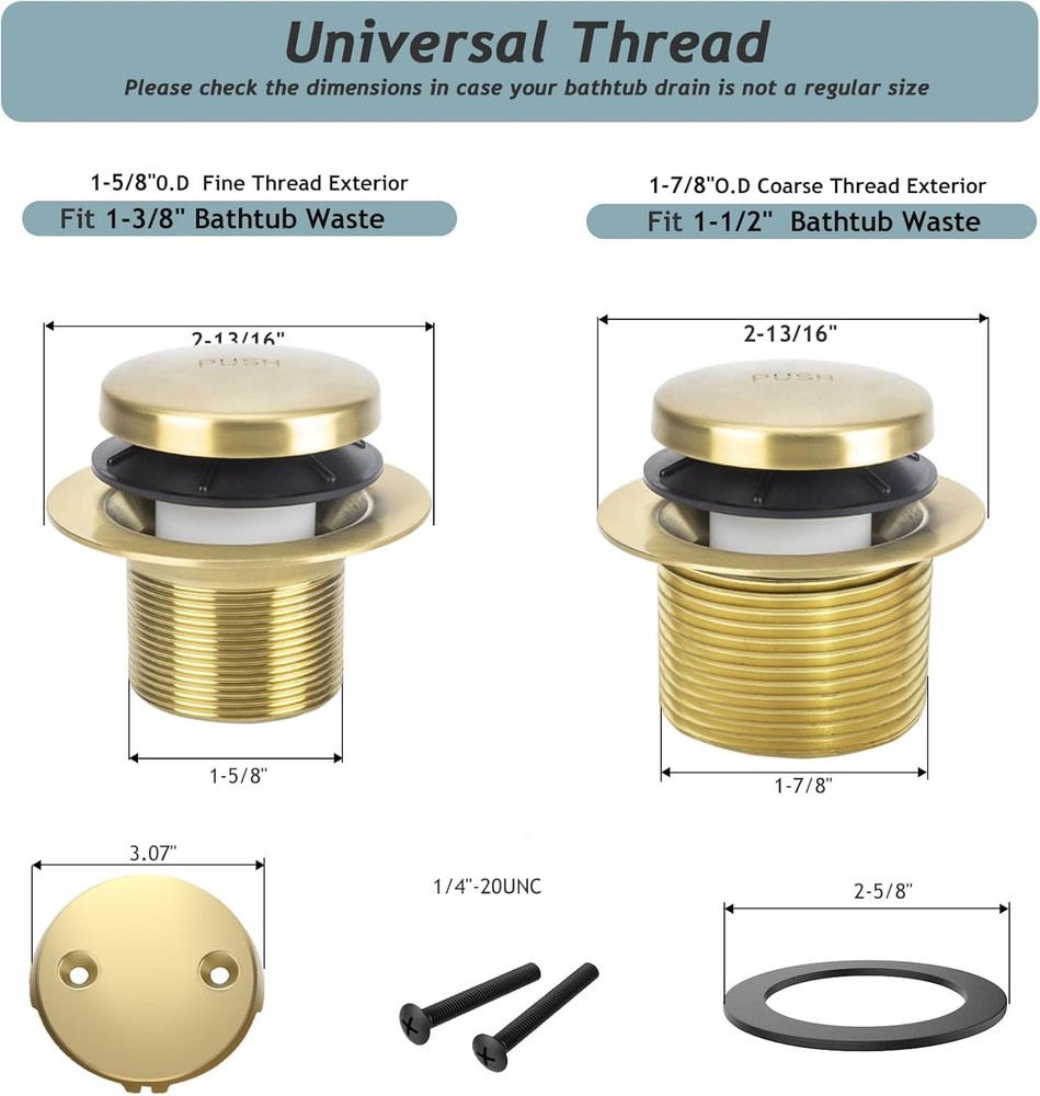 Tip-Toe Bathtub Drain Kit with Two-Hole Overflow Standard, Brushed Gold