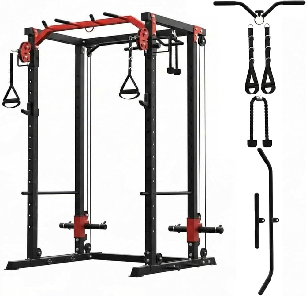 Power Cage Home Gym with LAT Pulldown & Cable System 2000LBS Squat Rack for Home