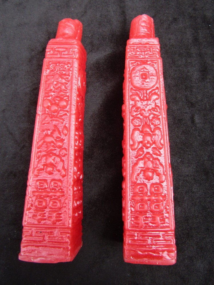 Red Candles Pair Chinese Vintage Wax