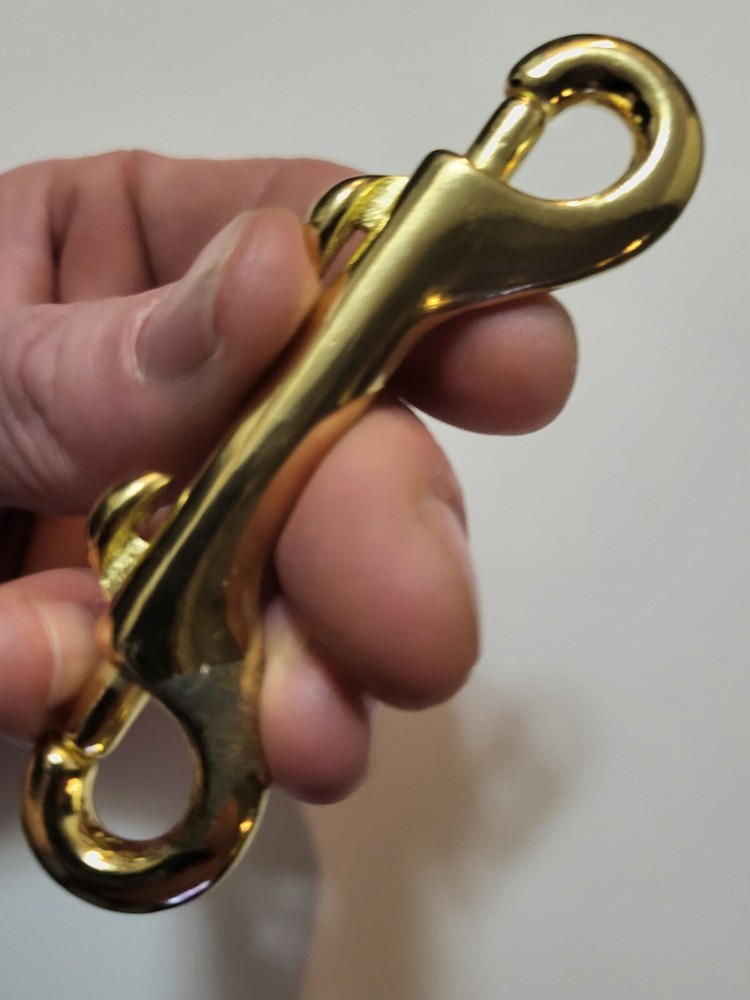 3 1/2" solid brass double sided snap hook. thumb release. leash lanyard