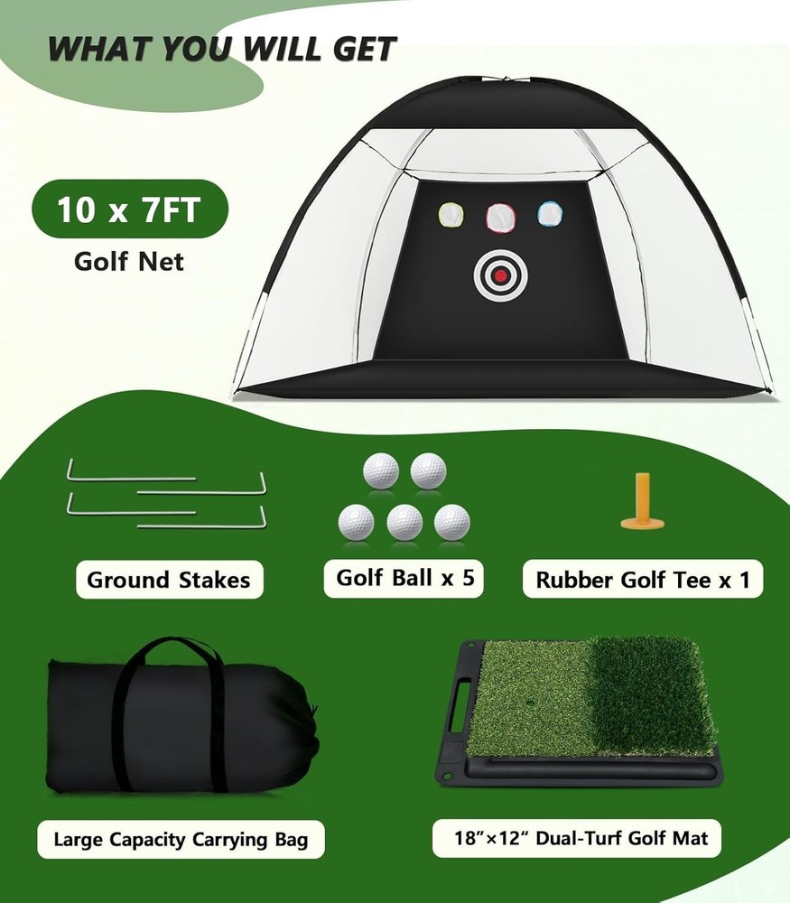 Golf Net for Hitting Practice, 10 x 7FT Golf Training Net with Mat and Target...