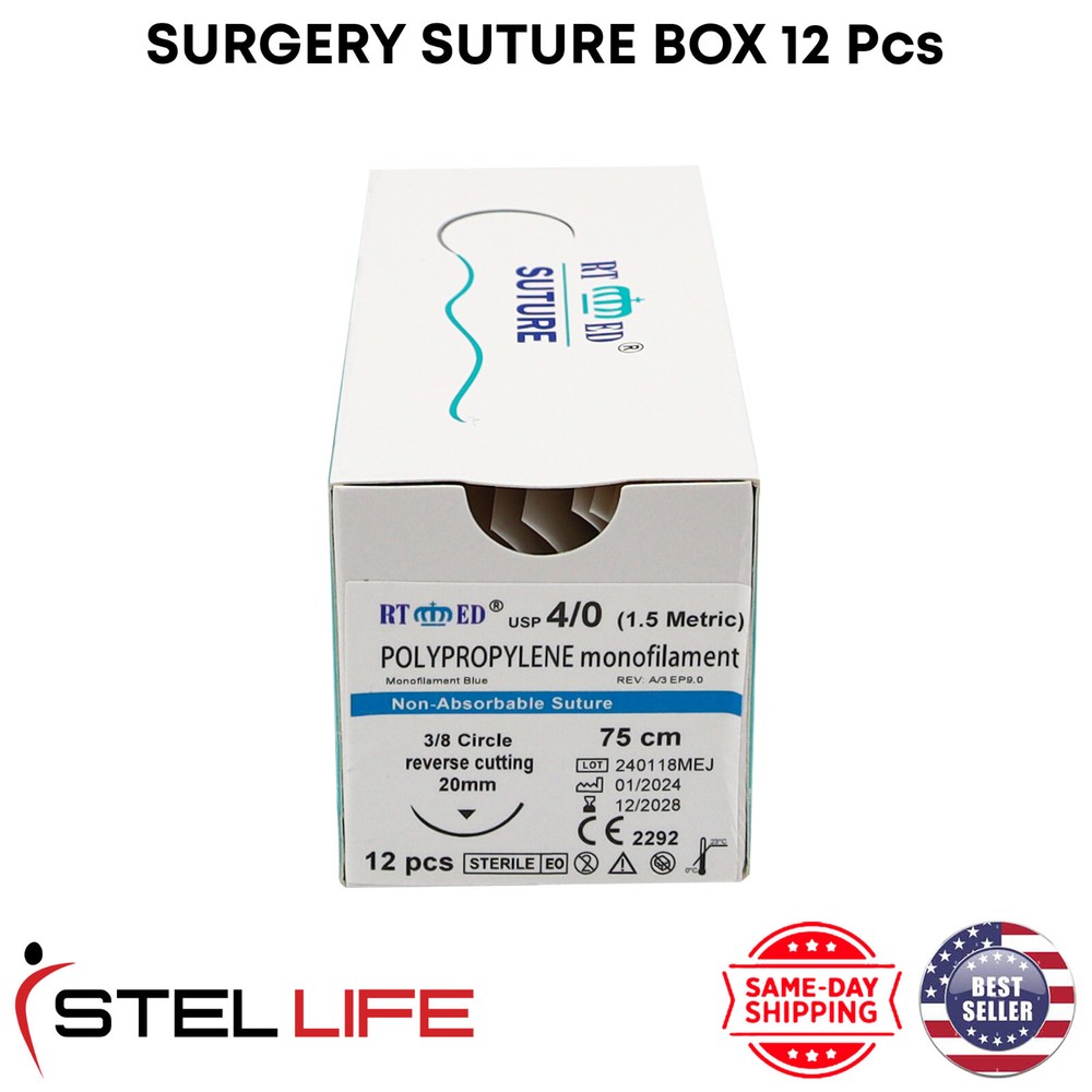 4/0 Polypropylene Suture Threads with Needle Pack of 12 Sterile Practice Suture