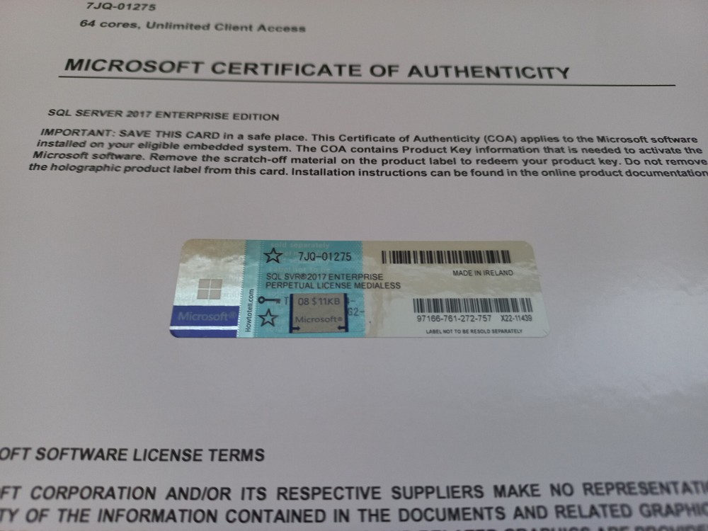 Microsoft SQL Server 2017 ENTERPRISE 64 Core Unlimtd CAL CoA Authentic 7JQ-01275