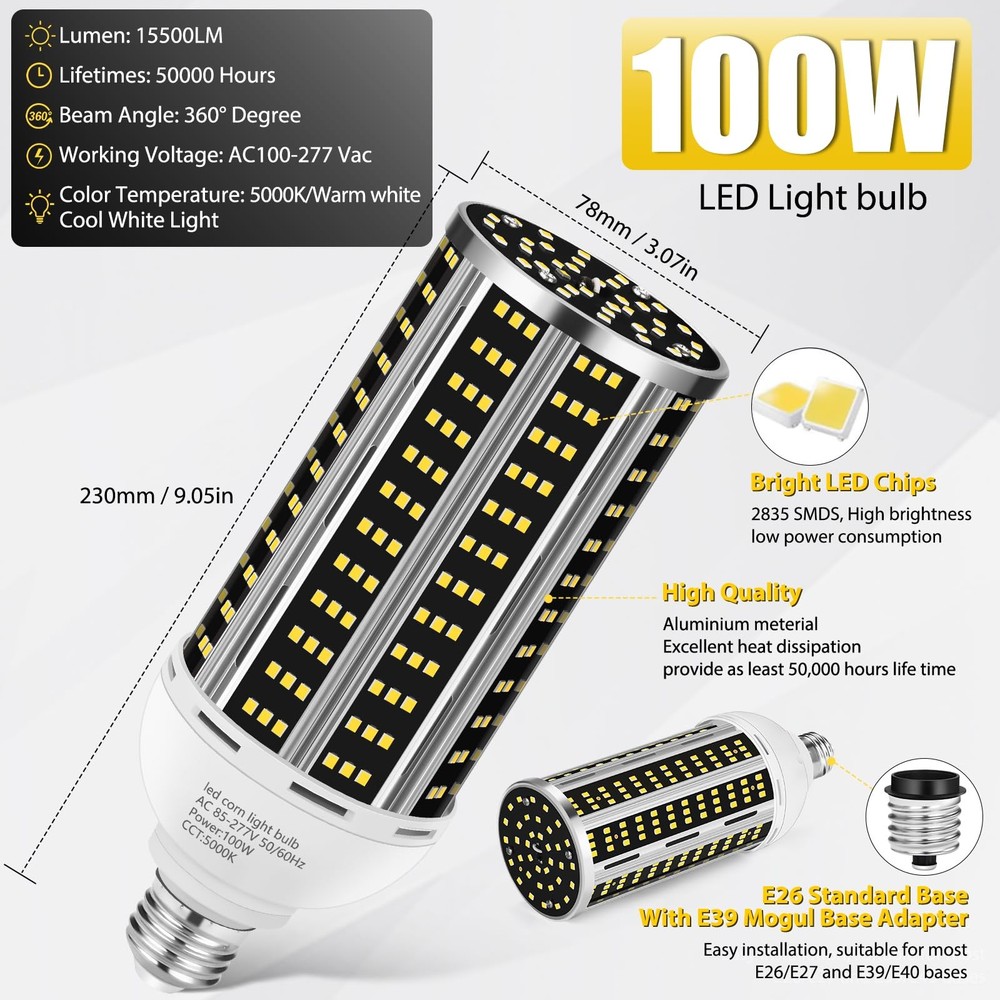 100W 2 pack LED Corn Light Bulb,(1000W Equivalent )Commercial Grade DayLight ...