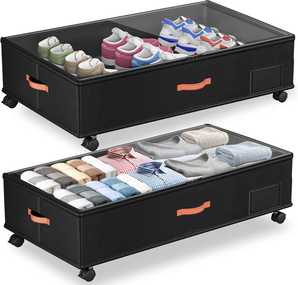 Under Bed Storage with Wheels,2-Pack under Bed Storage Containers with Clear Lid