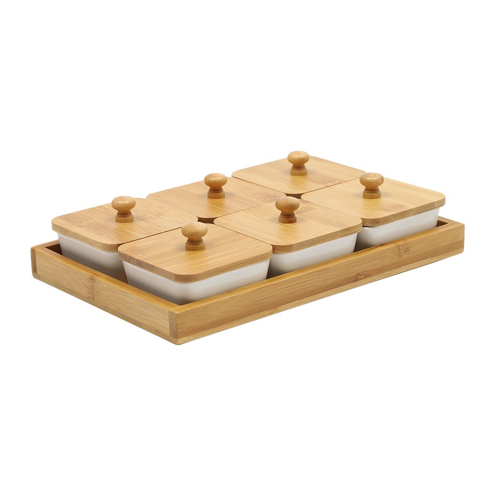 Ceramic Snack Serving Tray Set Square w/ Bamboo Lids & 6 Piece Platter
