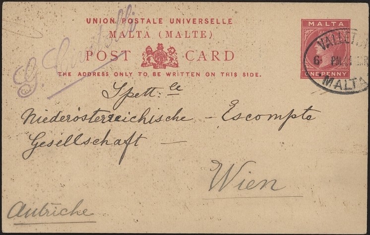 MALTA, 1901. Post Card  H&G 1, Valletta - Vienna