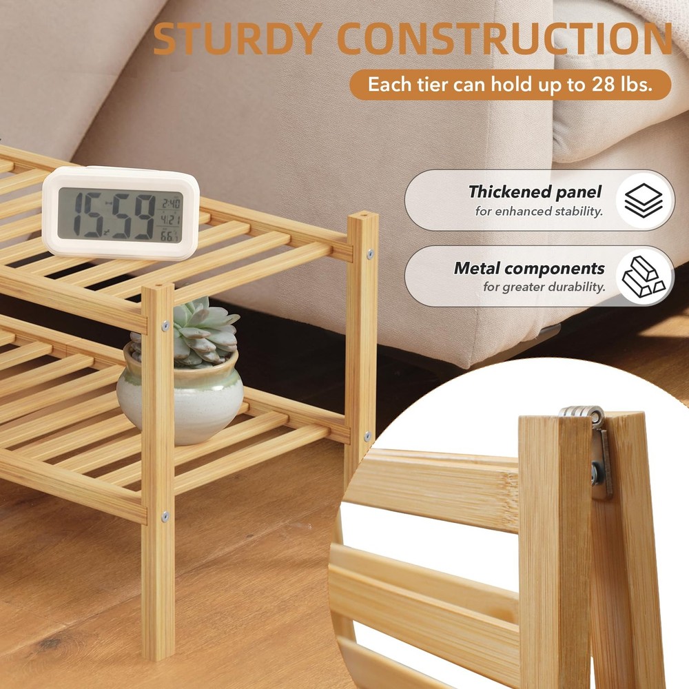 2 Tier Bamboo Shoe Rack Storage Organizer for Closet, Multifunctional Stackab...