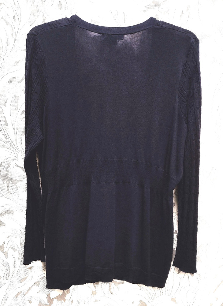 2X BASIC EDITIONS NAVY BUTTON FRONT MIXED KNIT CROCHET PEPLUM CARDIGAN SWEATER