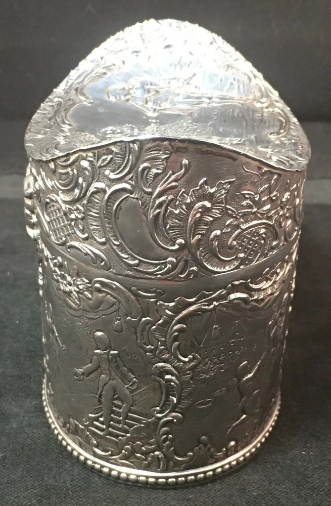 800 Silver Tea Caddy Hanau Germany Romantic Scenes Unusual Form 169 Gr