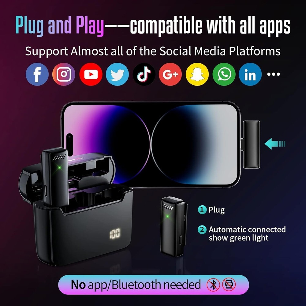 2 pc Professional Wireless Lavalier Microphone for iPhone iPad w/ Charging Case