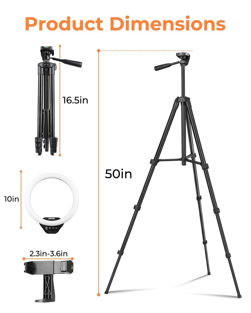 10'' Ring Light with 50'' Extendable Tripod Stand, LED Circle Lights with Pho...