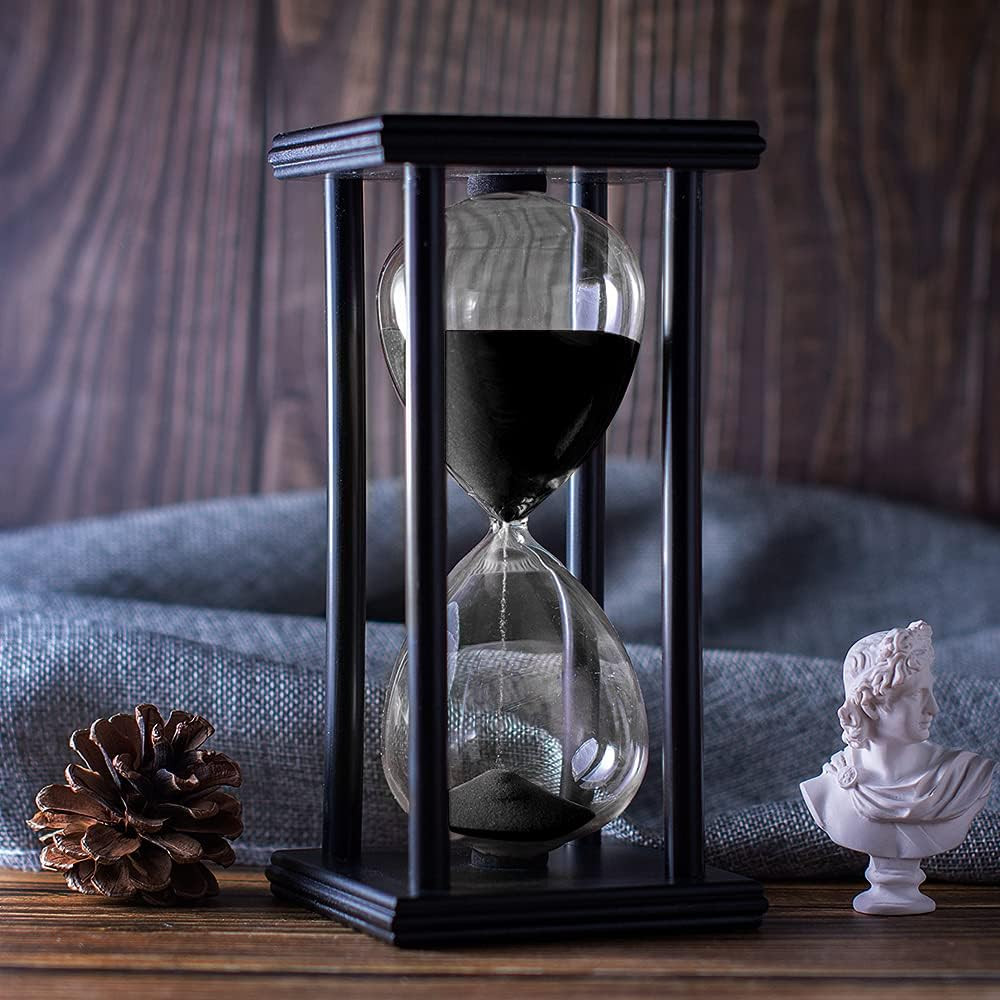 Hourglass Timer with Black Sand, 60 Minute Wooden Frame Sand Timer, Creative Han