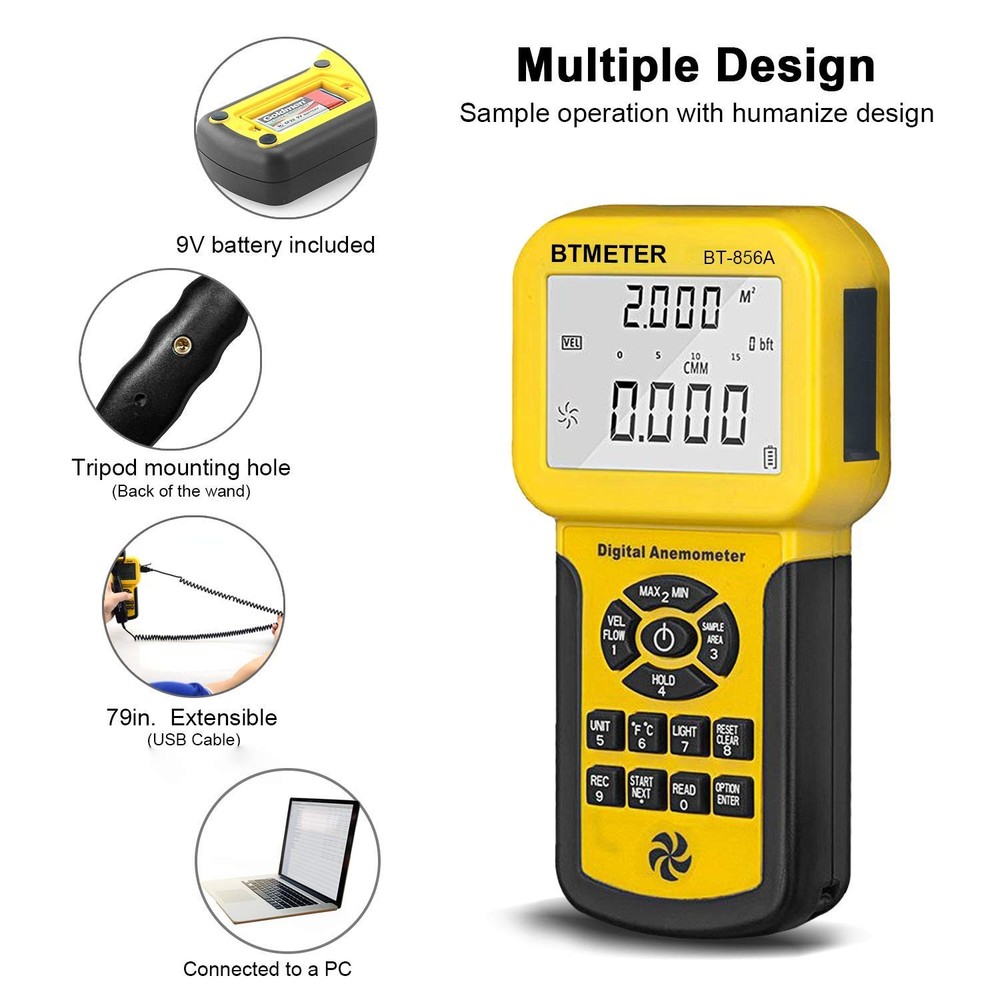 BTMETER BT-856A Pro CFM Anemometer Measures Wind w/ Computer Software