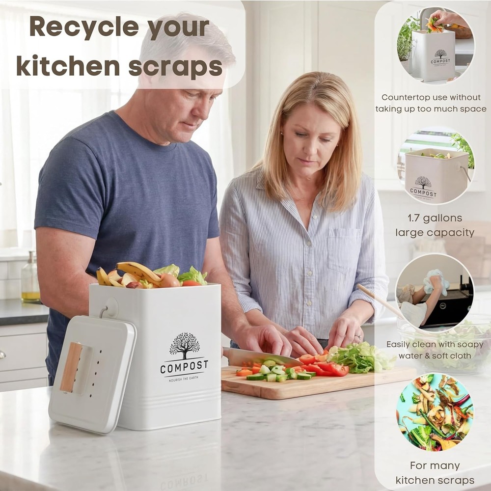 Kitchen Compost Bin, 1.7 Gallon Countertop Compost Bin with Lid, Indoor Compost