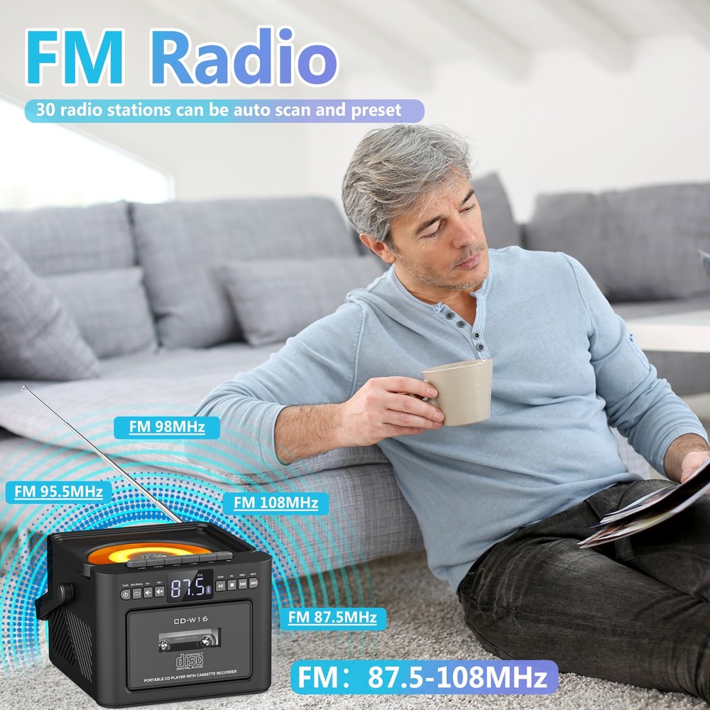 Bluetooth CD Cassette Boombox Player, Portable Rechargeable CD Player with Type-