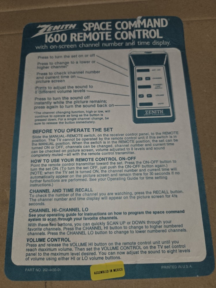 Vintage Zenith Space Command 1600 TV Remote - CLEAN