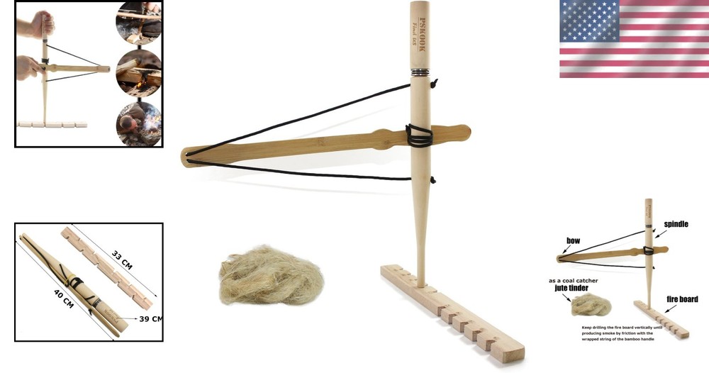 Survival Bow Drill Kit with Jute Tinder - Efficient Fire Starter for Adventures