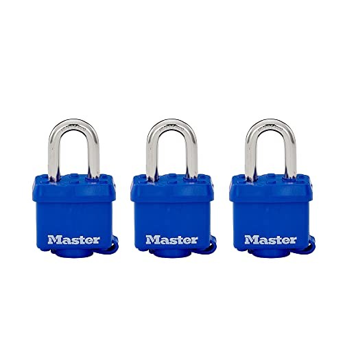312TRI Laminated Padlock with Key & Thermoplastic Shell, Blue, Pack of 3