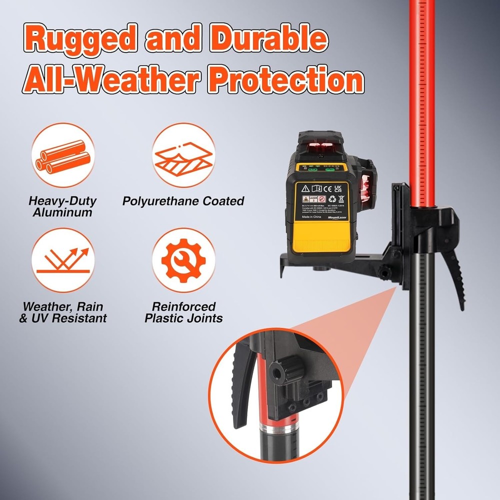 Telescoping Laser Level Pole, 12 FT/3.7 M Tripod Laser Pole with Adjustable M...