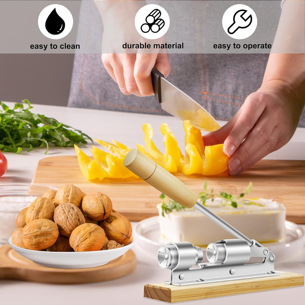 Heavy Duty Pecan Nut Cracker Tool Wood Base with Handle, Adjustable Nut Cracker