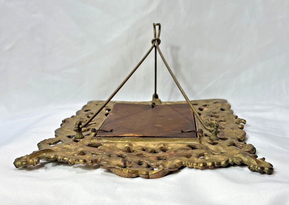 Antique Brass Frame Rococo Style Mirror Table Top Bevel Edge Easel Back
