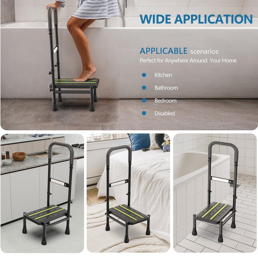 Packve Step Stool with Handle for Elderly 1 Step, Adjustable Leg, Black