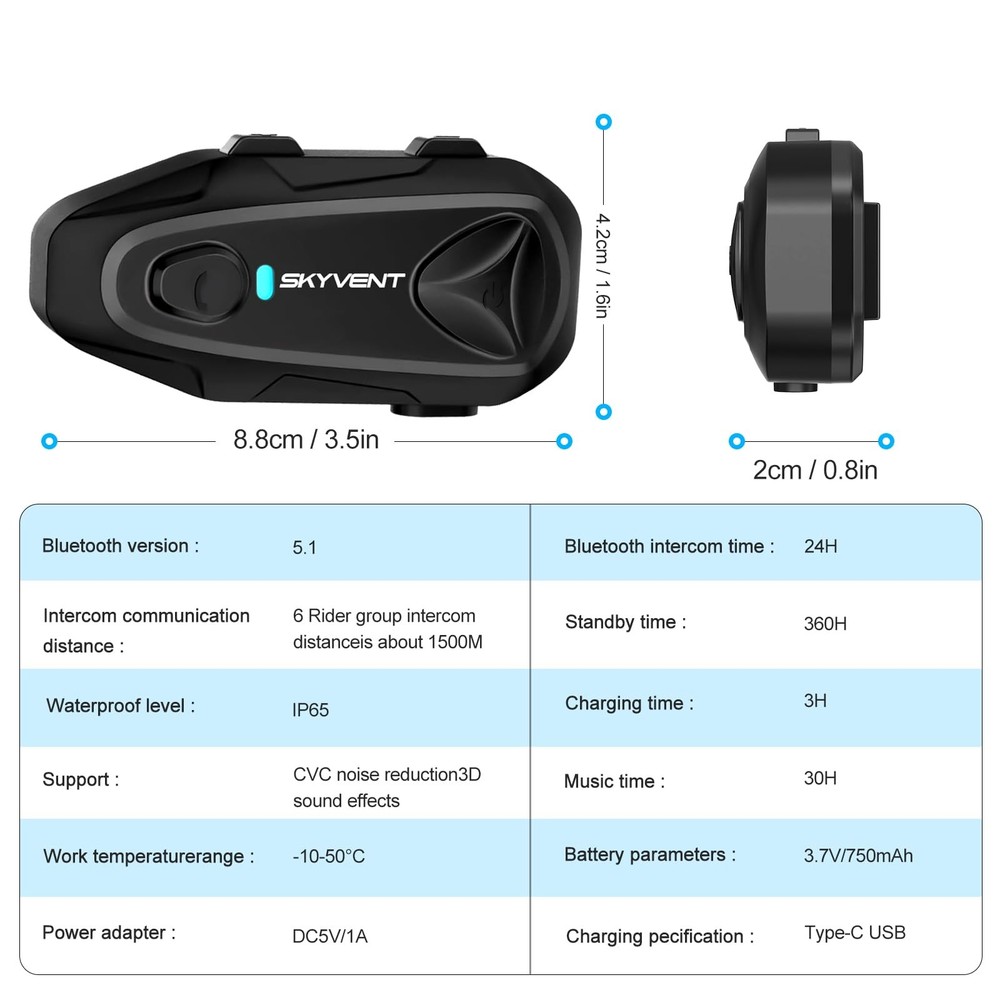 SKYVENT Q4 Motorcycle Bluetooth Communication System Headset One Size, Black