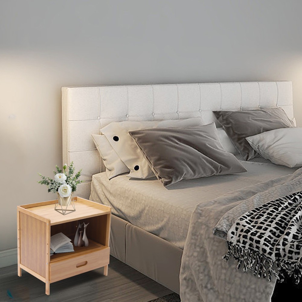 Bedroom Storage Organizer Side Table Bamboo Bedside Nightstand End Table+Drawer