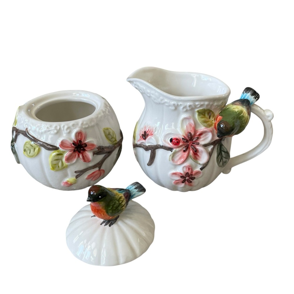 Corner Ruby Botanical Collection Floral & Bird Ceramic Sugar & Creamer Set NEW
