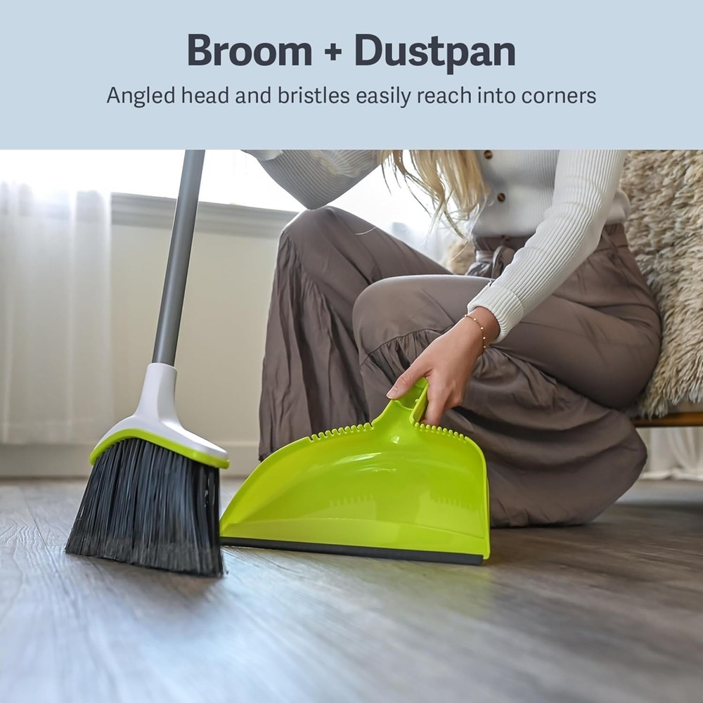 Casabella Basics Angled Set, Silver/Green, Broom with Dustpan