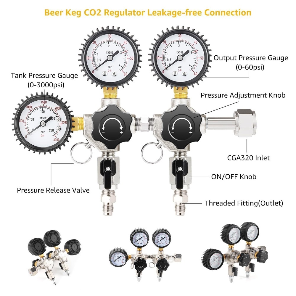 Dual Output Keg Co2 Regulator Beer Regulator, CGA-320 Kegerator Regulator, Tr...
