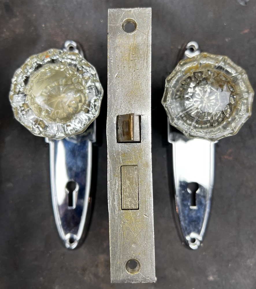 Art Deco Nickel Plated Brass Passage Set Knobs, Plates, Mortise Glass Knobs