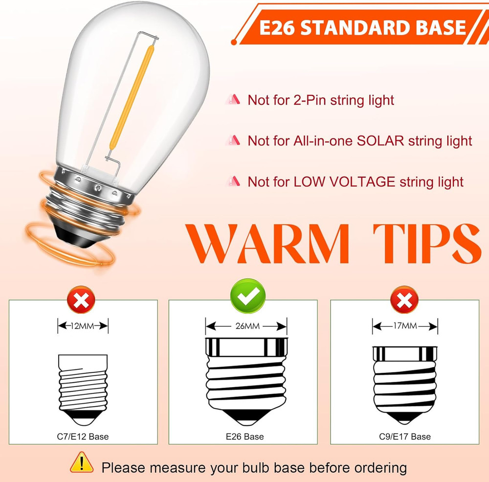 36 Pack S14 LED Bulbs for Outdoor String Lights, Shatterproof Replacement Edison