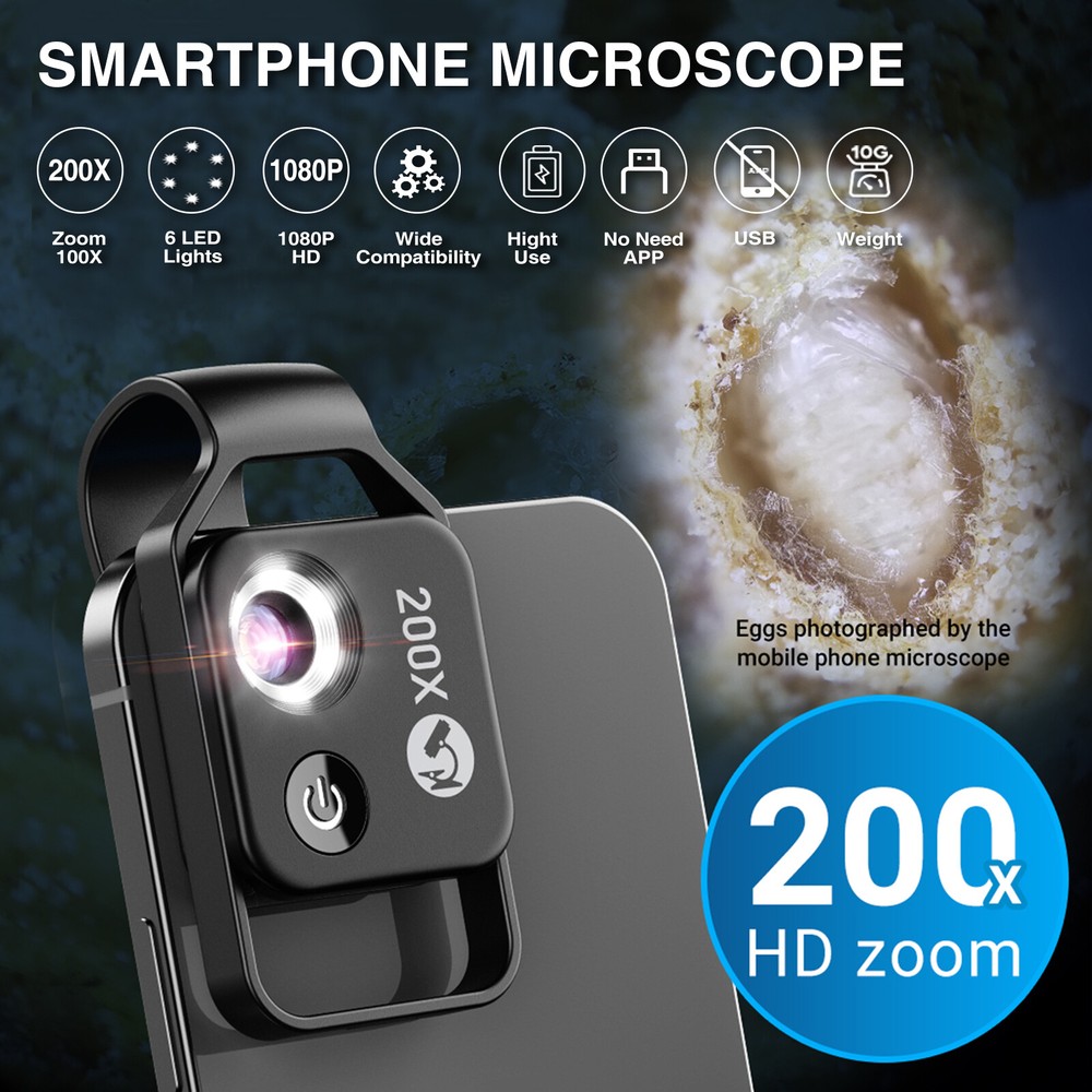 200X Microscope With CPL Lens Led Light Micro for iPhone Android Cell Phone US