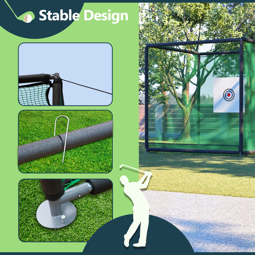 10FTX10FT Golf Practice Net Cage Metal Frame Hitting Net Kit Training Simulators