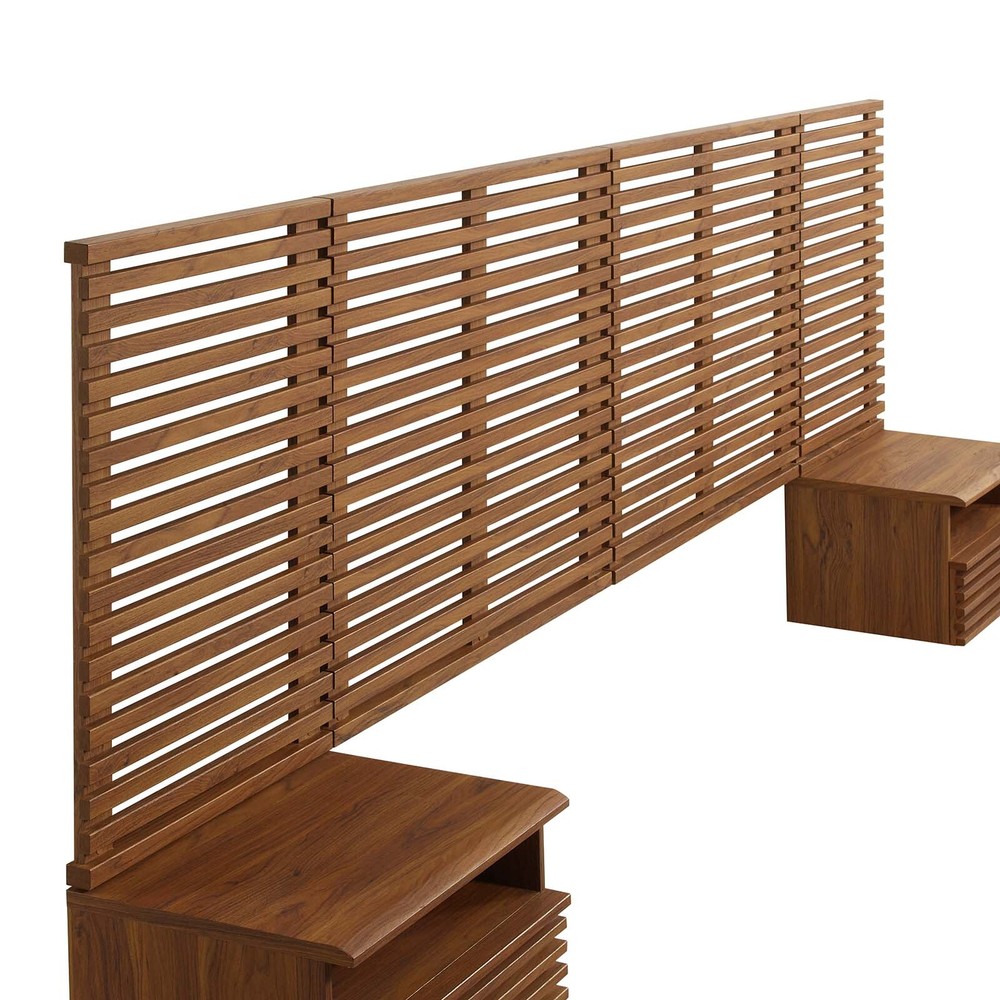 Modway Render Wall Mount King Headboard and Modern Nightstands in Walnut