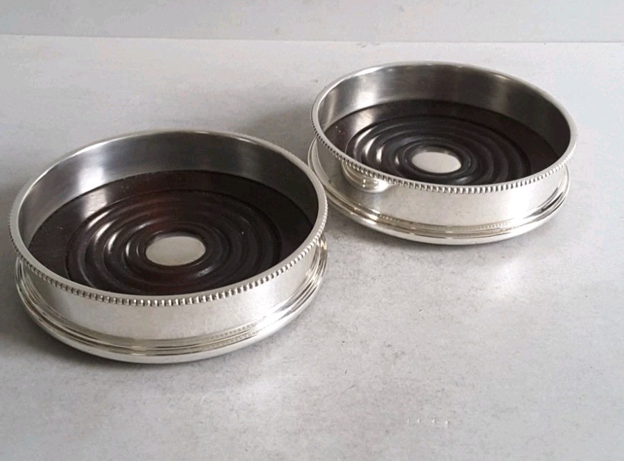 GOOD , PAIR VINTAGE SOLID SILVER COASTERS . 12 . 5 cms. dia. LON. 1973