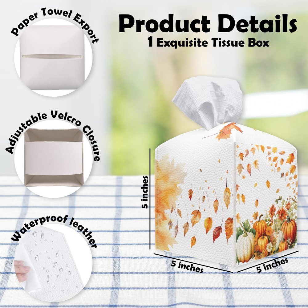 Fall Tissue Box Cover Square - Pumpkin & Fallen Leaves