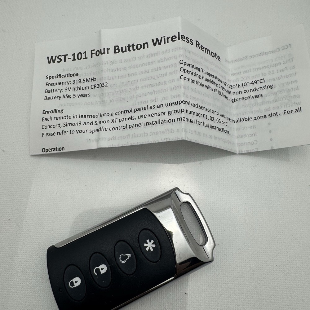 WST-101 Four Button Wireless Remote GE Interlogix Alarm Remote