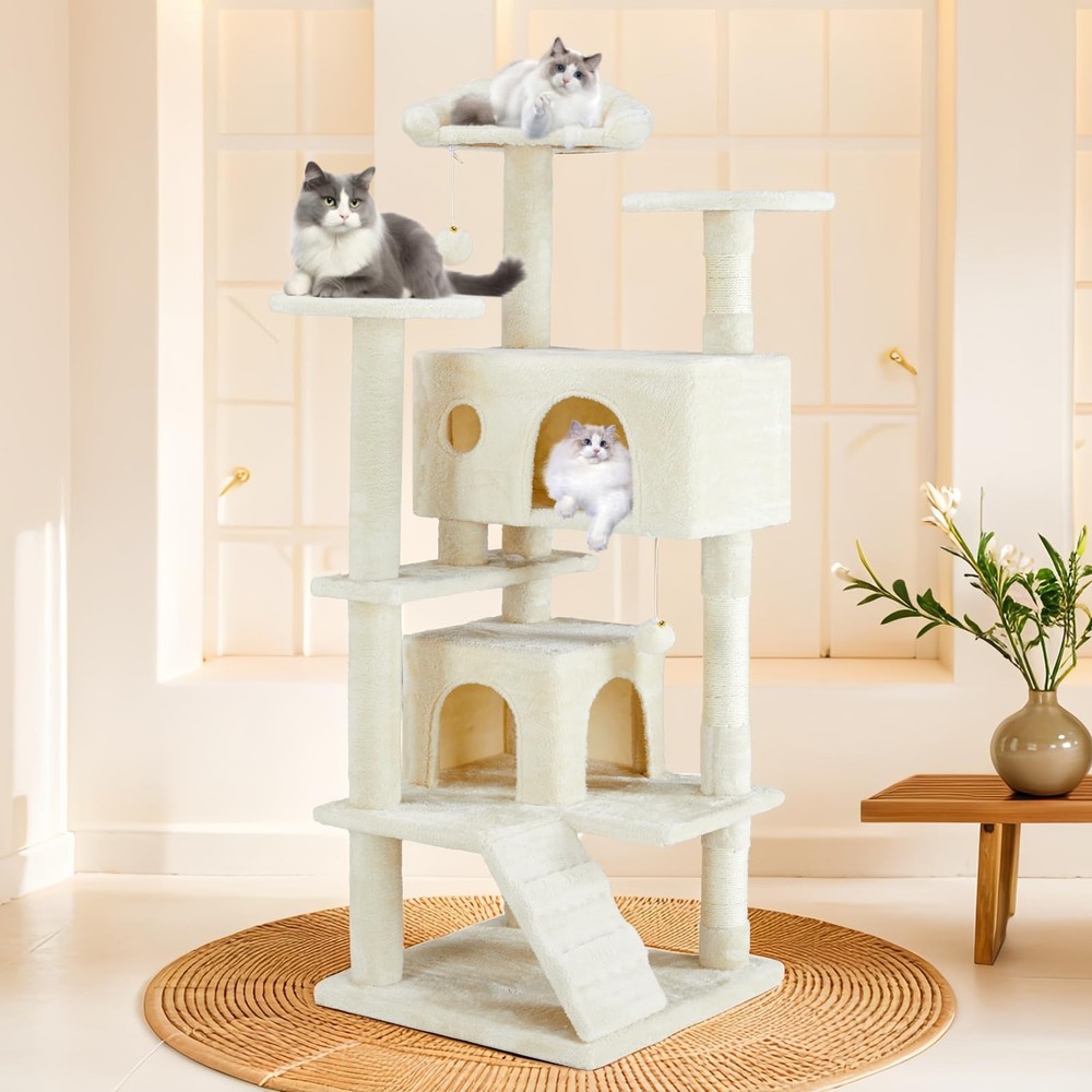 Cat Tree Tower for Indoor Cats 54 Inches Multi-Level Activity Cat Tree Beige