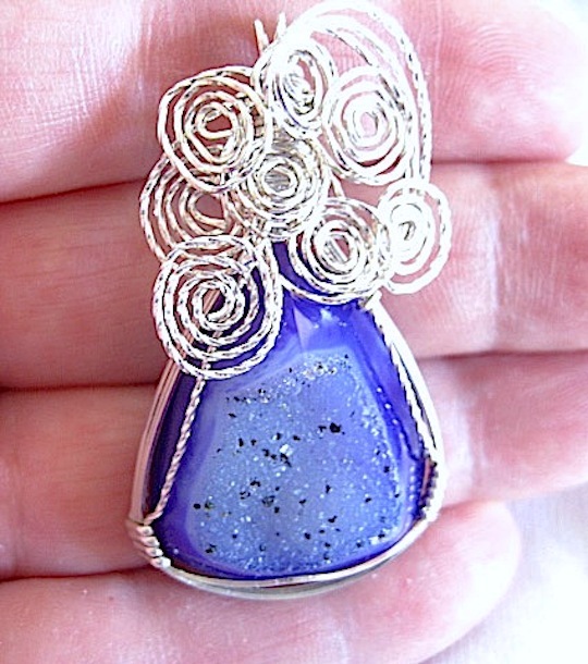Wire Wrapped Sterling Silver Pendant Blue Druzy Agate Gemstone Cabochon